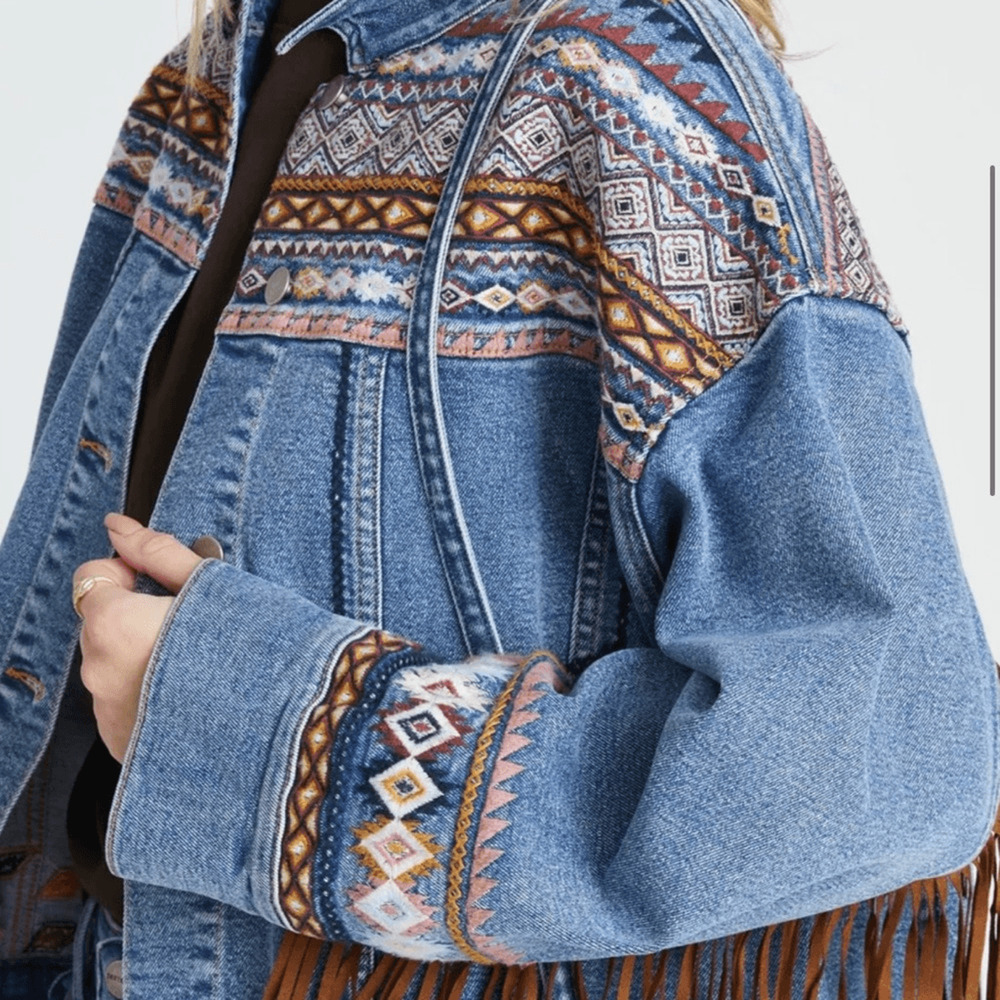 NEW Driftwood Boho Fringe jacket Denim Jacket with Multicolor Pattern - Picture 4 of 9